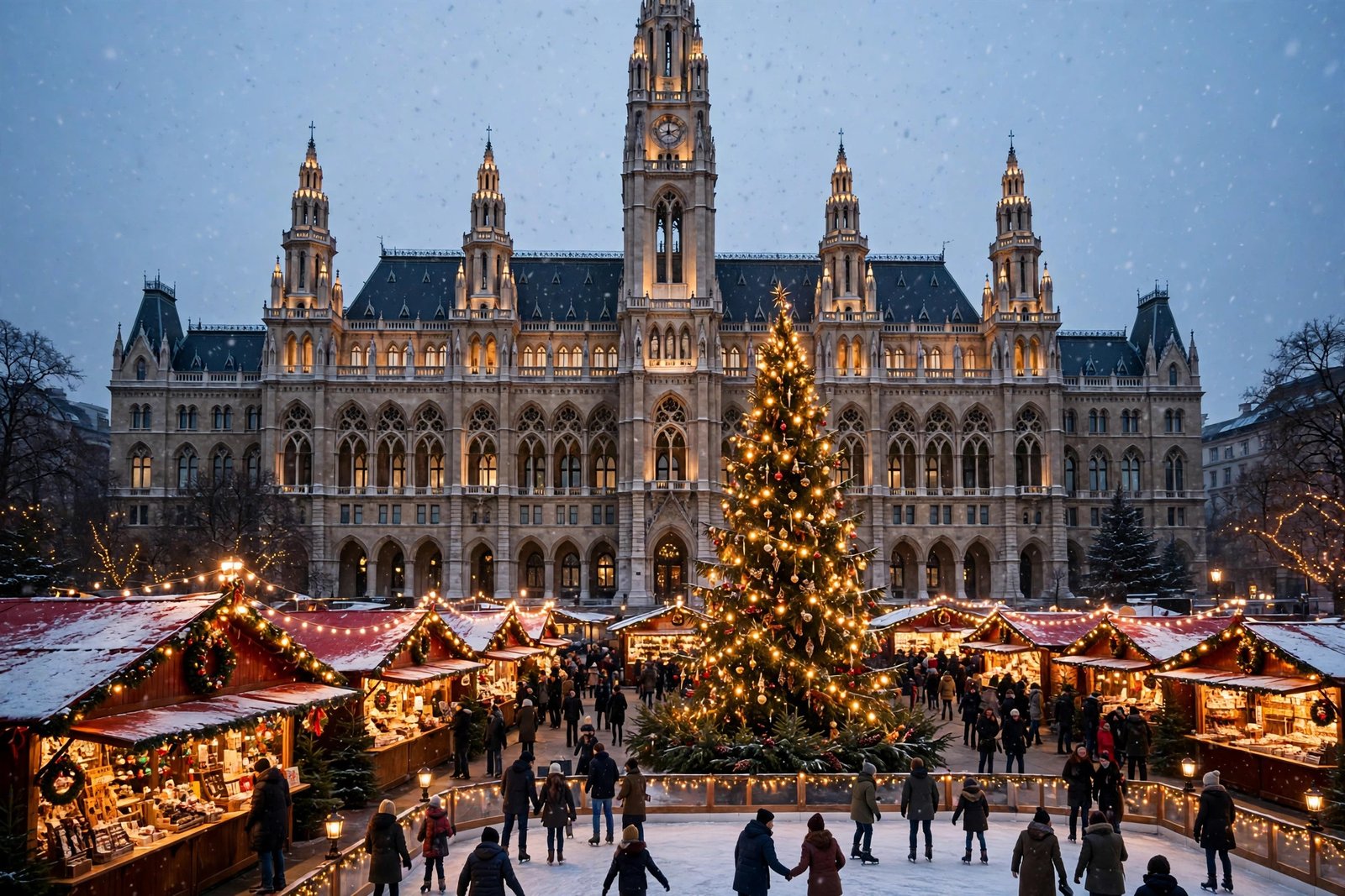 Vienna Christmas market with a large decorated tree in front of the Rathaus