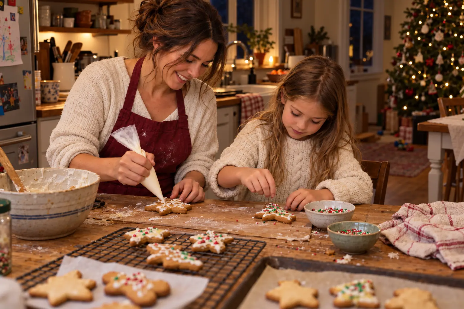 Mother and daughter decorating Christmas cookies in a warmly lit kitchen beside a Christmas tree