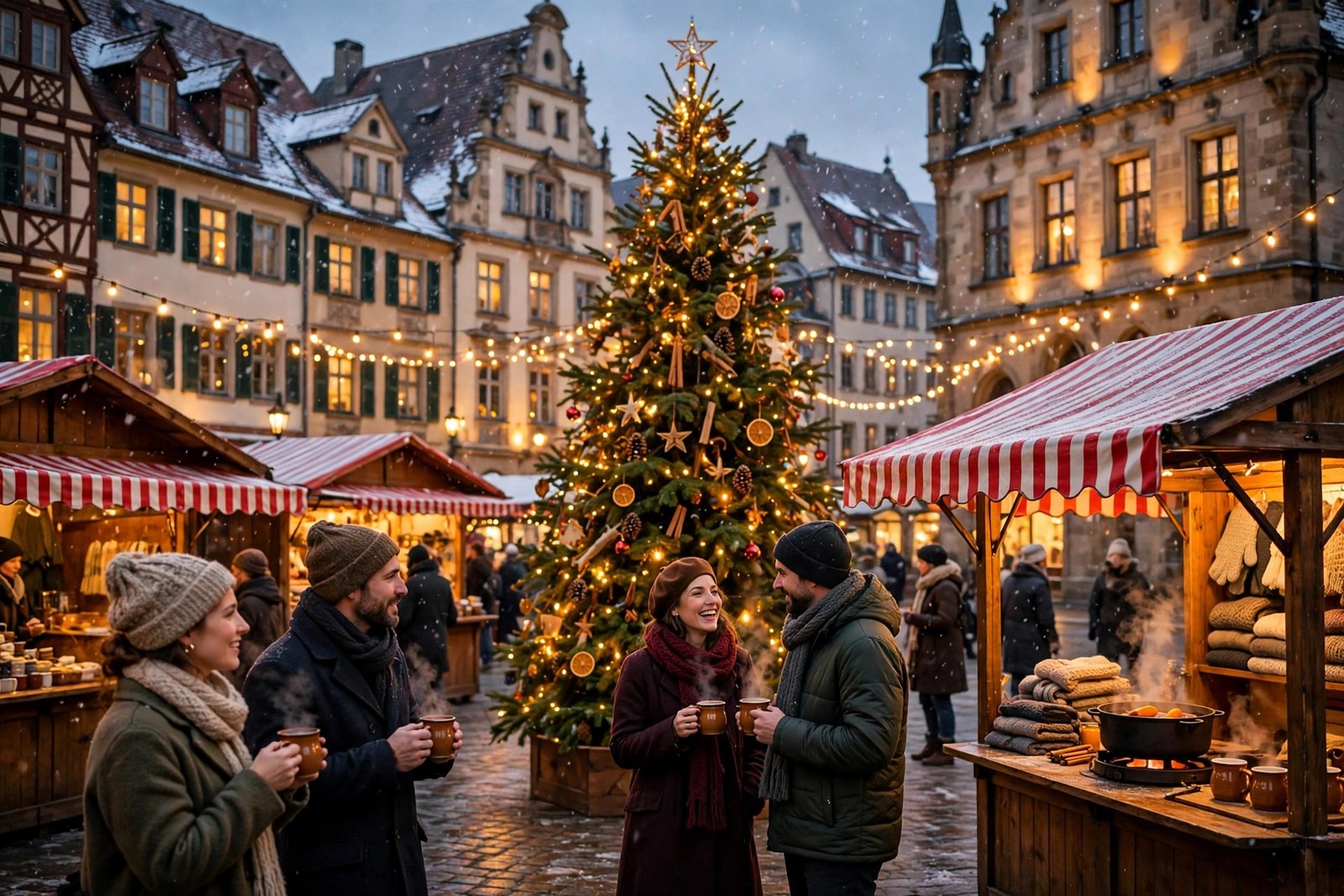 A festive German Christmas market at night