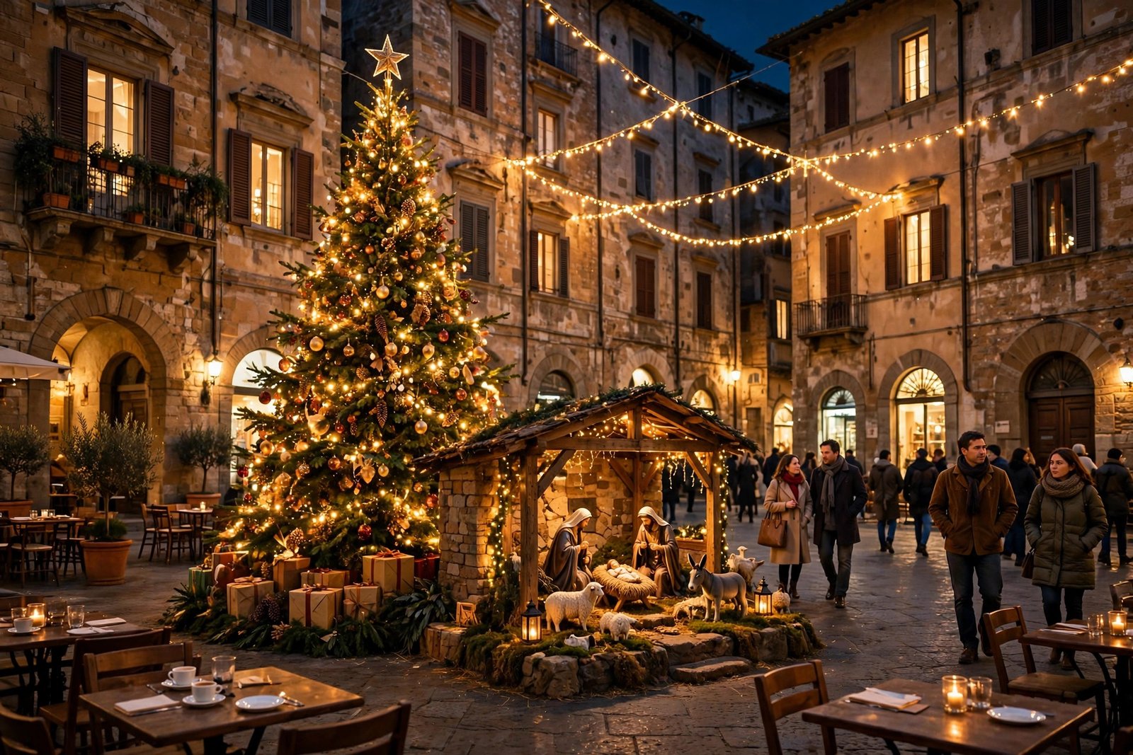 An Italian town square at Christmas with a decorated tree and a nativity scene