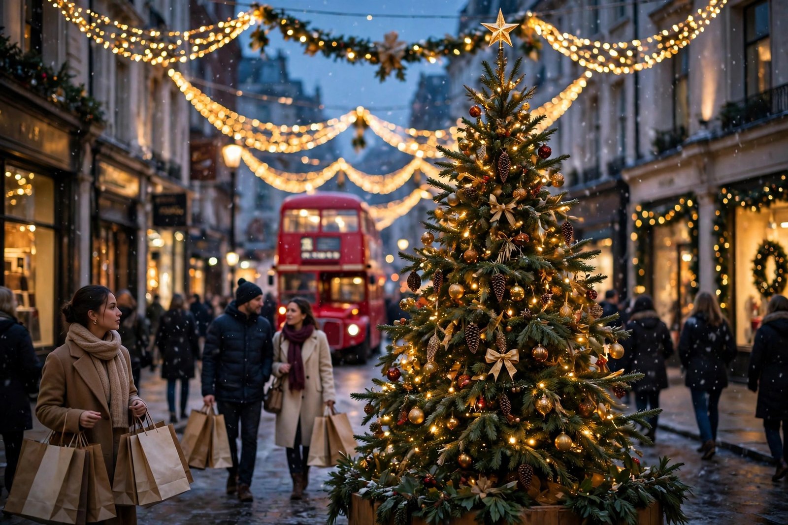 A festive Christmas tree and market in the United Kingdom